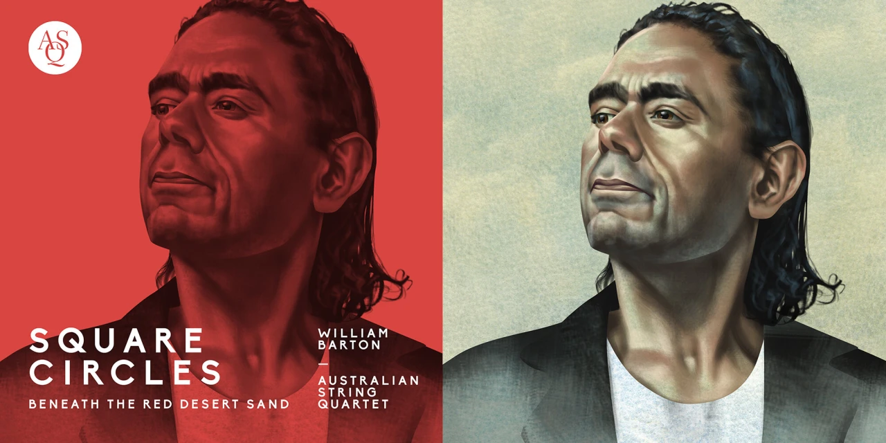 Illustration of William Barton on an album cover with red and beige backgrounds. The cover reads 'Square Circles Beneath the Red Desert Sand'.
