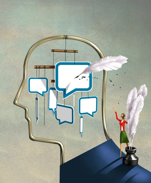 Illustration of a woman standing near a large inkwell, using a quill to write in a speech bubble within a human head outline.