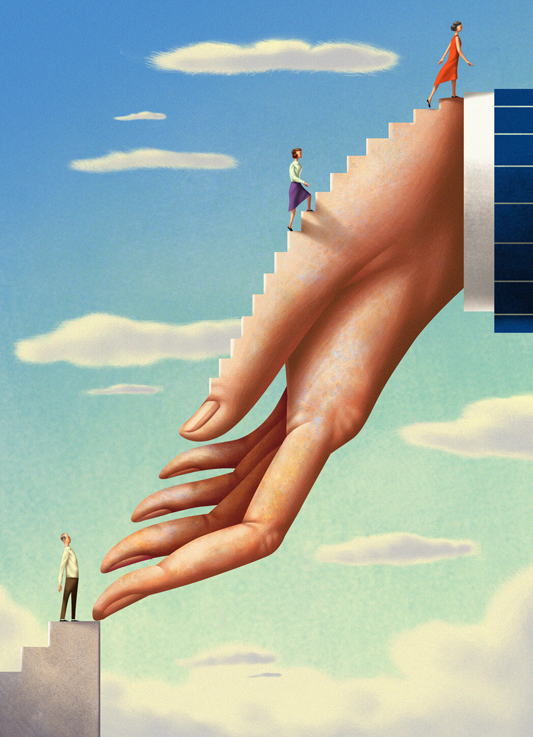 Conceptual art of a giant hand providing a staircase for people climbing toward the sky, with clouds and blue sky visible.