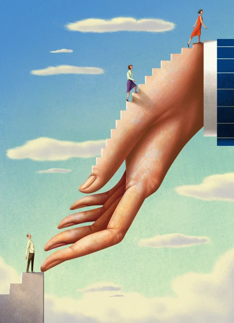 Conceptual art of a giant hand providing a staircase for people climbing toward the sky, with clouds and blue sky visible.