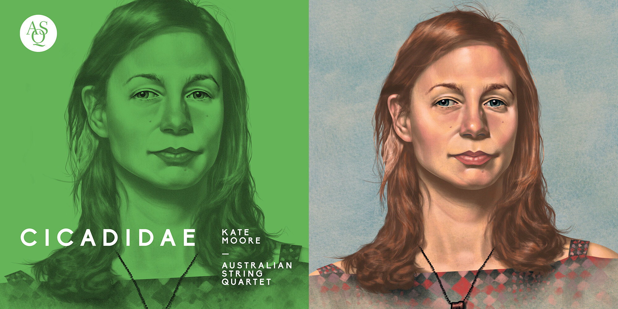 Artwork split into green and tan halves featuring a woman's portrait on each side, with text for 'Cicadidae' and 'Kate Moore'.