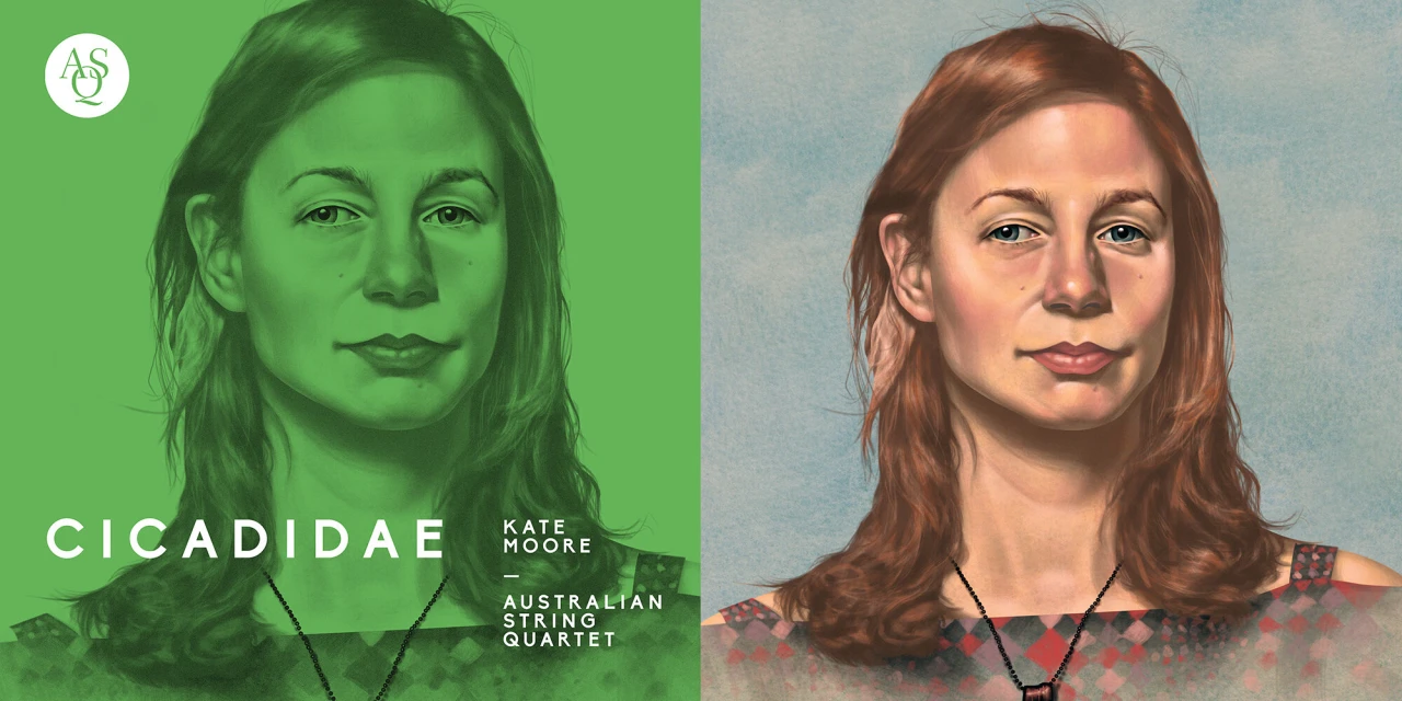 Artwork split into green and tan halves featuring a woman's portrait on each side, with text for 'Cicadidae' and 'Kate Moore'.