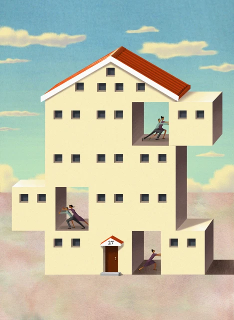Conceptual illustration of a geometric building with dancers visible inside window openings, against a cloudy sky backdrop.
