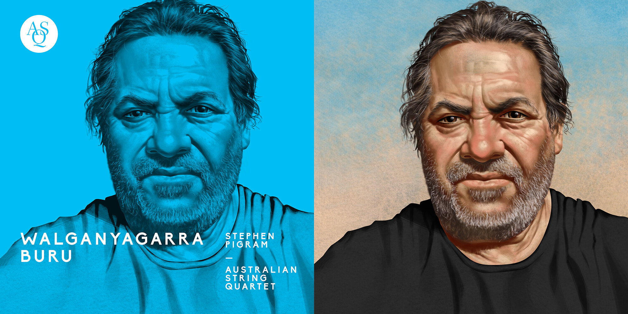 Album cover featuring a split portrait: a blue-toned illustration and a realistic painting of a man with a serious expression.