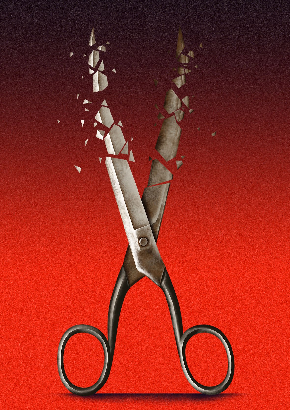 Illustration of deconstructed scissors with red background; artful depiction of destruction and transformation, sharp, fractured, and metallic.