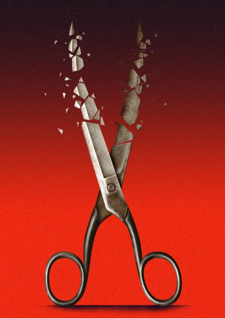 Illustration of deconstructed scissors with red background; artful depiction of destruction and transformation, sharp, fractured, and metallic.