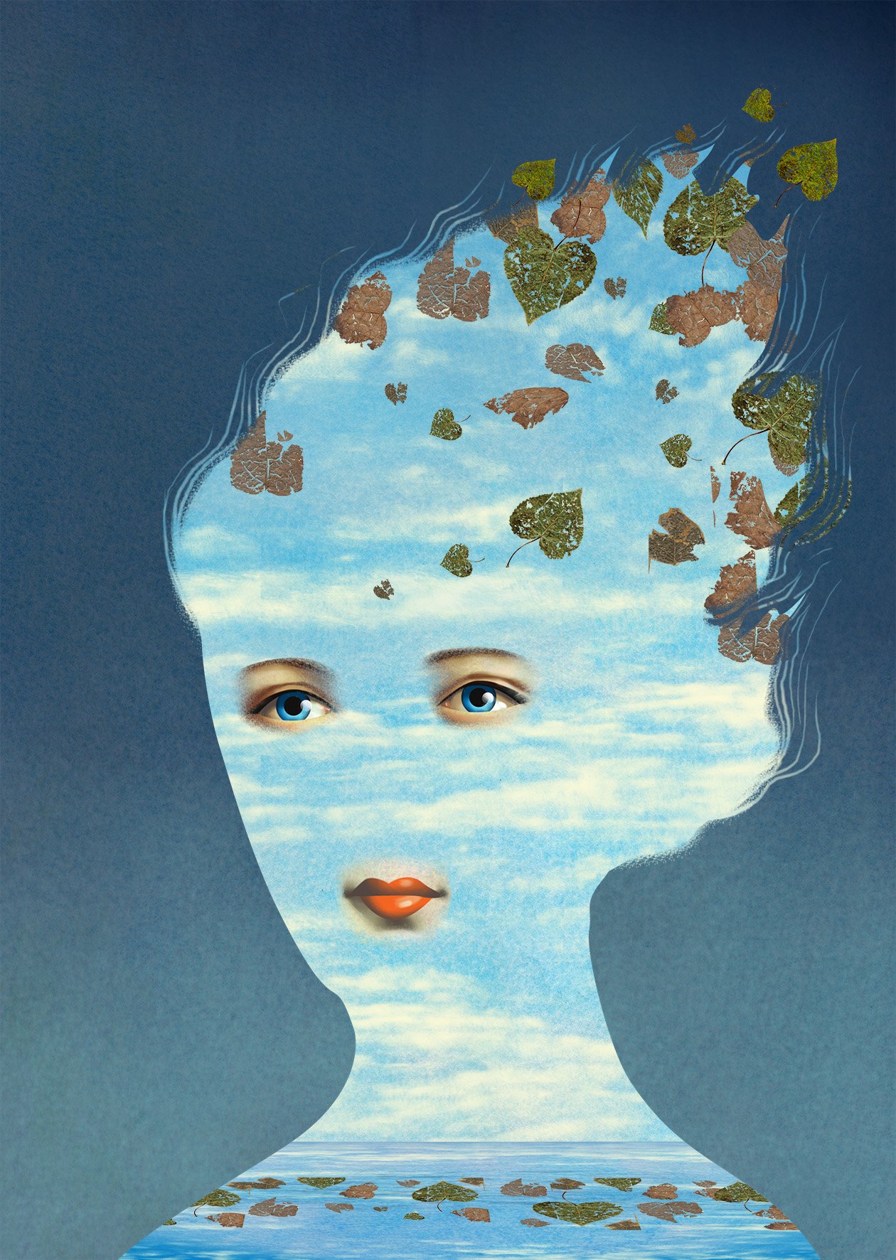 Artistic portrait of a woman with a sky and clouds filling her silhouette, framed by leaves and water, creating a surreal, dreamlike scene.