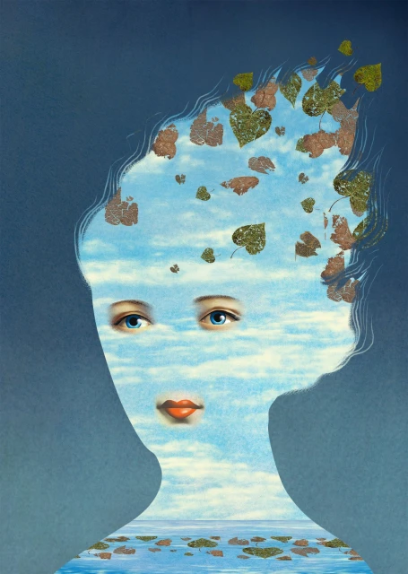 Artistic portrait of a woman with a sky and clouds filling her silhouette, framed by leaves and water, creating a surreal, dreamlike scene.