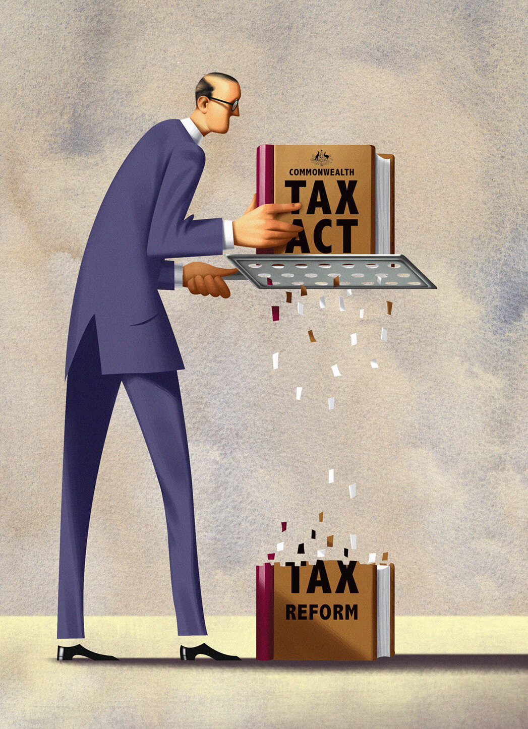 Illustration of a man in a blue suit feeding paper through a grater that sits on top of a book labelled 'Tax Reform'.