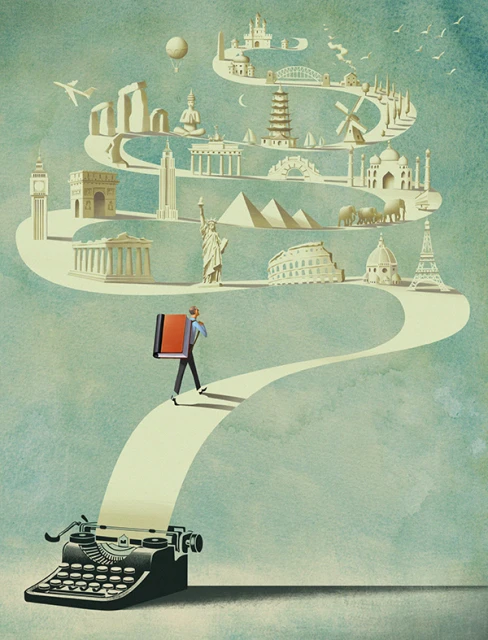 Illustration depicts a man carrying books walking on a typewriter-generated path showing world landmarks on a blue textured background.