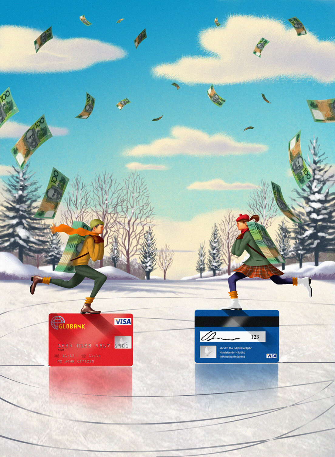 Illustration of two people ice skating on credit cards, surrounded by falling money in a winter landscape under a cloudy sky.