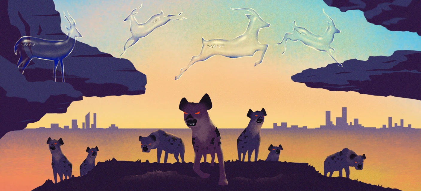 Illustration of hyenas on a hill below floating deer, with a silhouetted city skyline against a gradient sunset background in purple and orange.