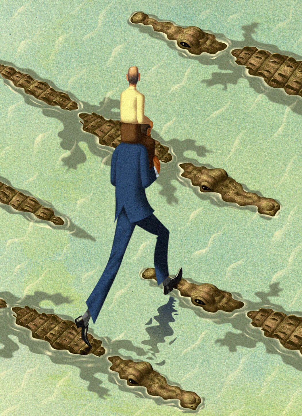 Illustration of a man in a blue suit walking on alligators carrying another man on his shoulders across a body of water.