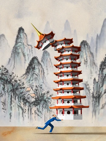 Illustration of a collapsing, red-and-white Asian pagoda and a man in a suit trying to hold it up in front of a painterly mountain backdrop.