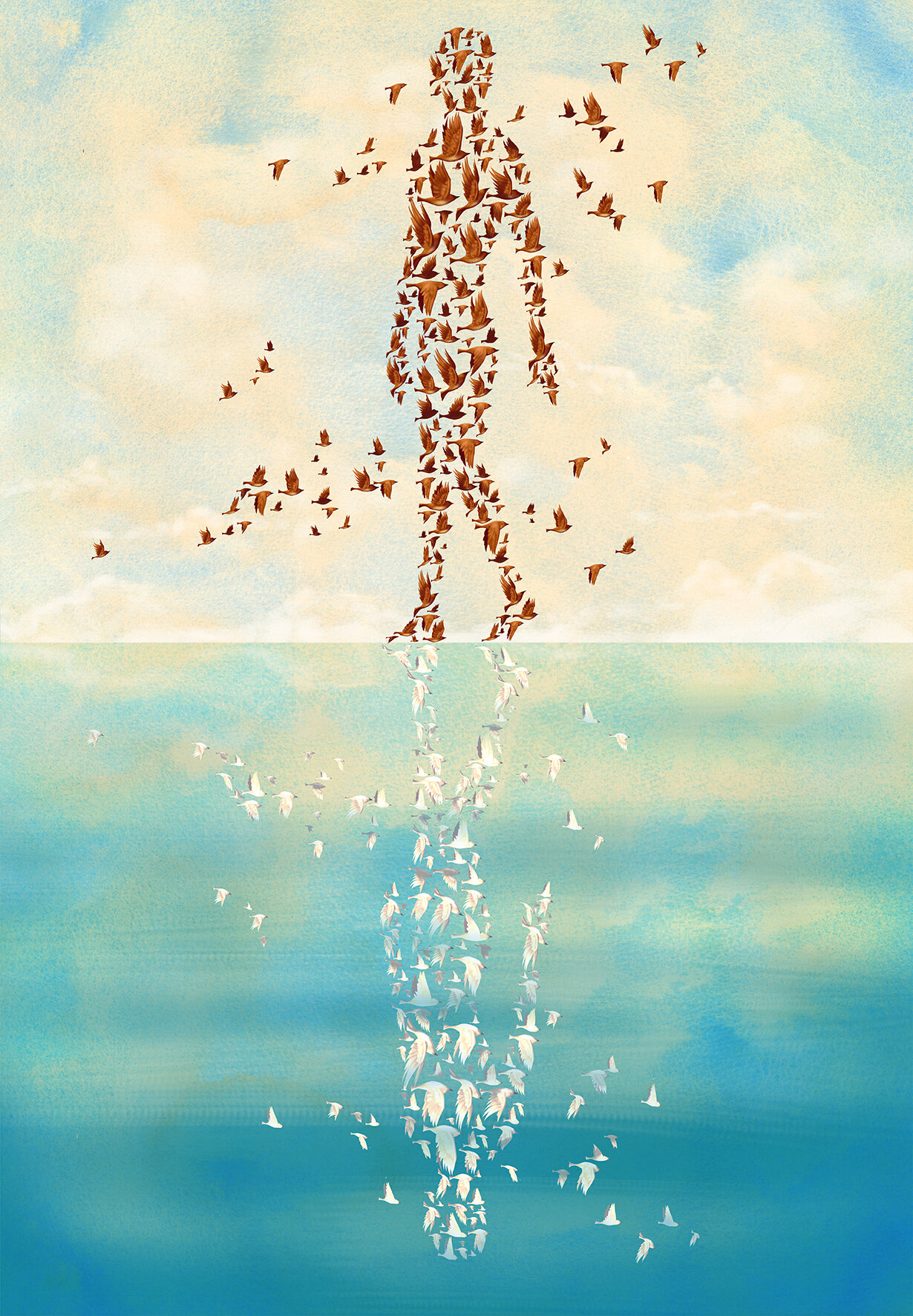 Surreal digital art: A human figure formed by birds walks above a reflective surface with a sky and clouds background.