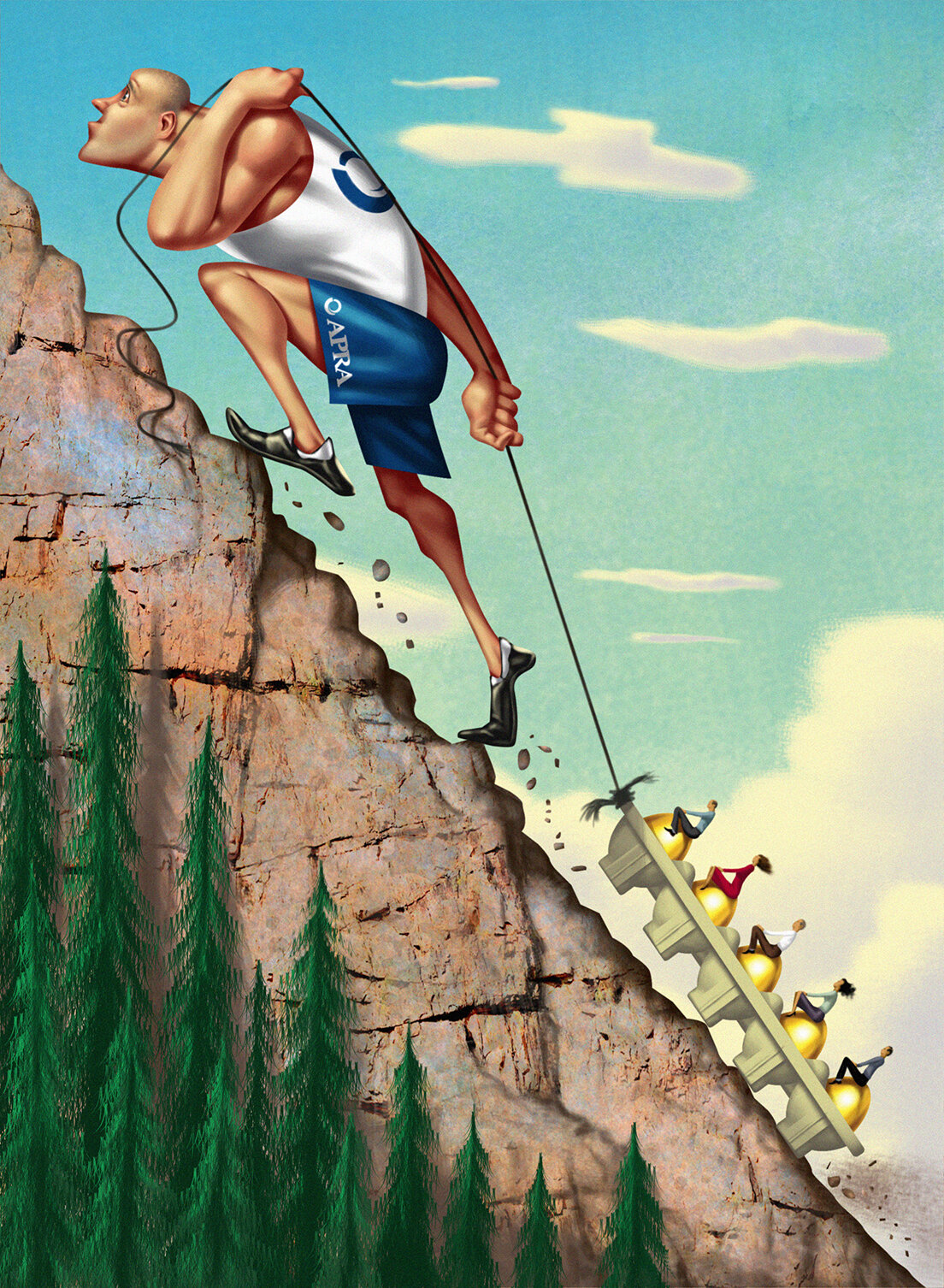 Illustration of a bald man wearing sportswear climbing a mountain while pulling an egg carton filled with people on a rope.
