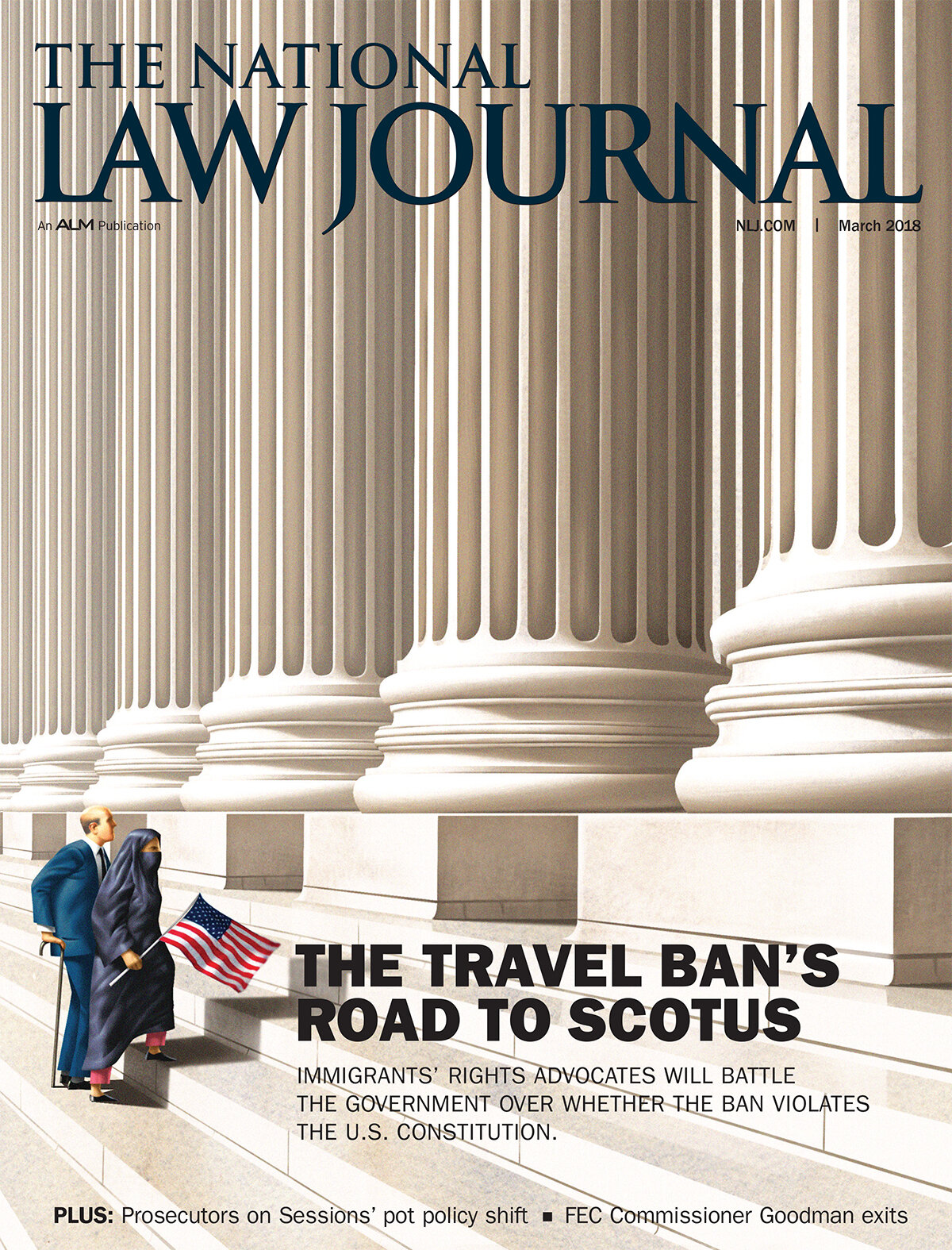 The National Law Journal cover with two people in front of classical columns and an American flag, highlighting a travel ban court case.