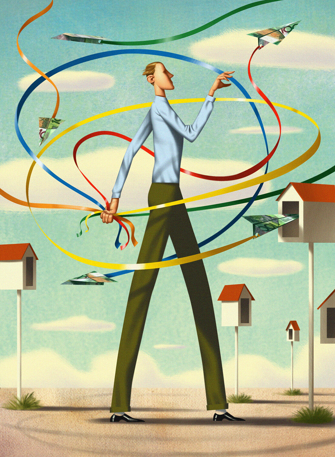 Illustration of a man distributing paper airplanes into mailboxes with colorful ribbons against a blue sky and cloud background.