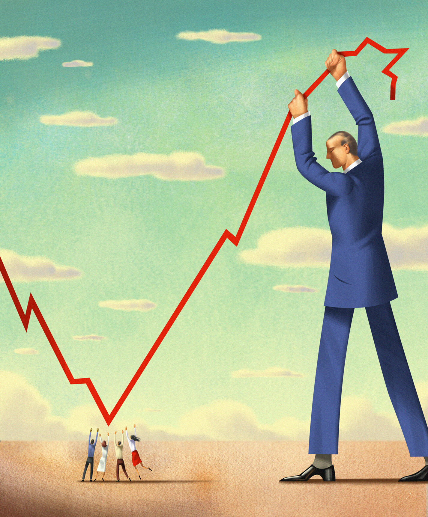Illustration of a business trend shows people at the bottom supporting a red line and a giant male figure adjusting the top.