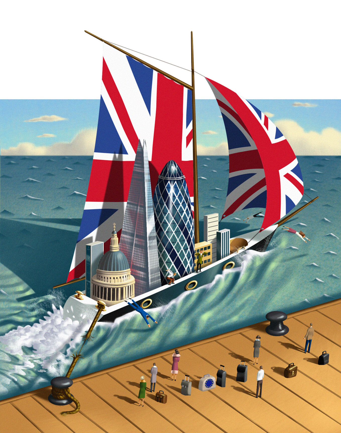 Illustration of a sailboat with UK flags as sails, carrying London landmarks. People stand on a dock with luggage, waiting to board.