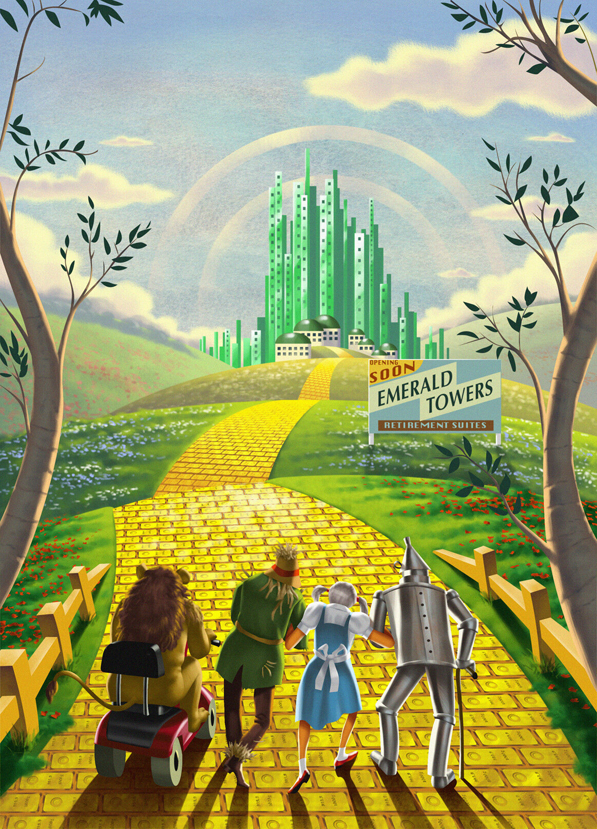Illustration of the Wizard of Oz characters walking down the yellow brick road toward the Emerald Towers retirement suites.