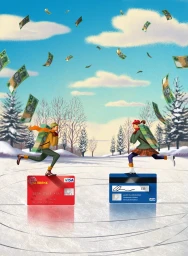 Illustration of two small figures skating on credit cards across a snowy landscape while green banknotes rain down from a blue sky.