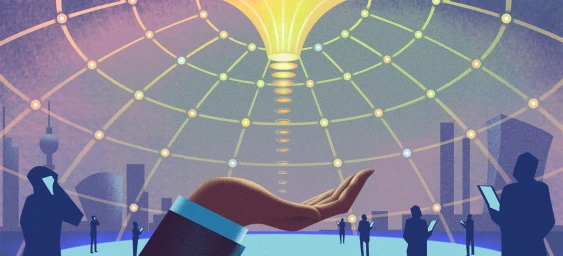 Digital illustration by Jim Tsinganos featuring a giant hand reaching upward beneath a glowing network grid and city skyline silhouettes.