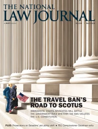Illustration for The National Law Journal showing two figures ascending classical stone columns and steps carrying an American flag.