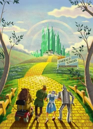 Four figures walking away along a yellow brick road toward a futuristic green city under a blue and cloudy sky.