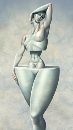 Surreal digital illustration of a segmented female figure with disconnected body sections against a textured sky background.