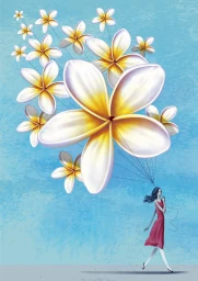 Illustration of a woman in a red dress walking while holding strings attached to large white and yellow plumeria flowers floating like balloons.