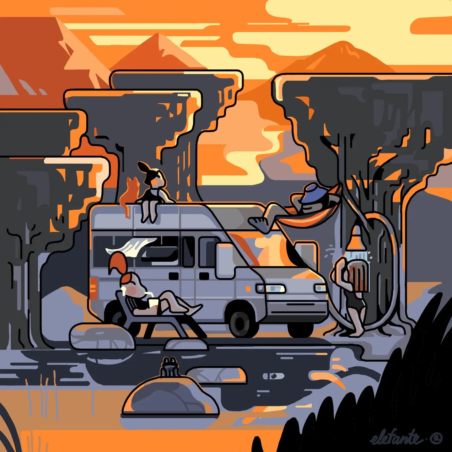 Illustration of four people relaxing near a camper van with trees and mountains in the background at sunset, evoking a sense of leisure.