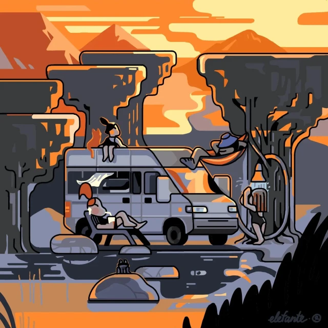 Illustration of four people relaxing near a camper van with trees and mountains in the background at sunset, evoking a sense of leisure.