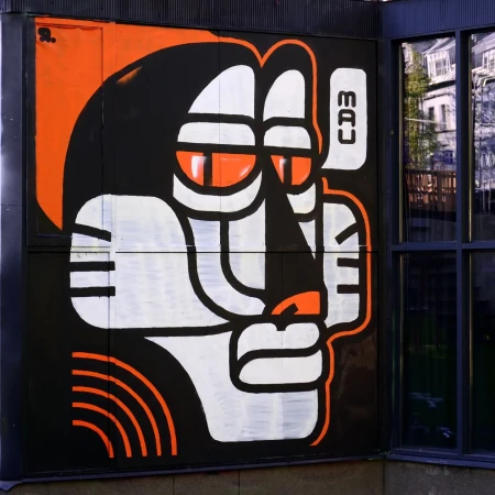 Modern graffiti art mural on the corner of a building shows a stylized face outlined in white, orange, and black, with linear elements.