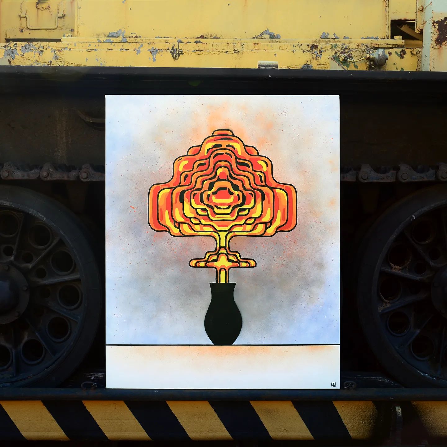 Artwork of a stylized, layered, orange and yellow tree emerging from a black vase set against a muted blue and white background.