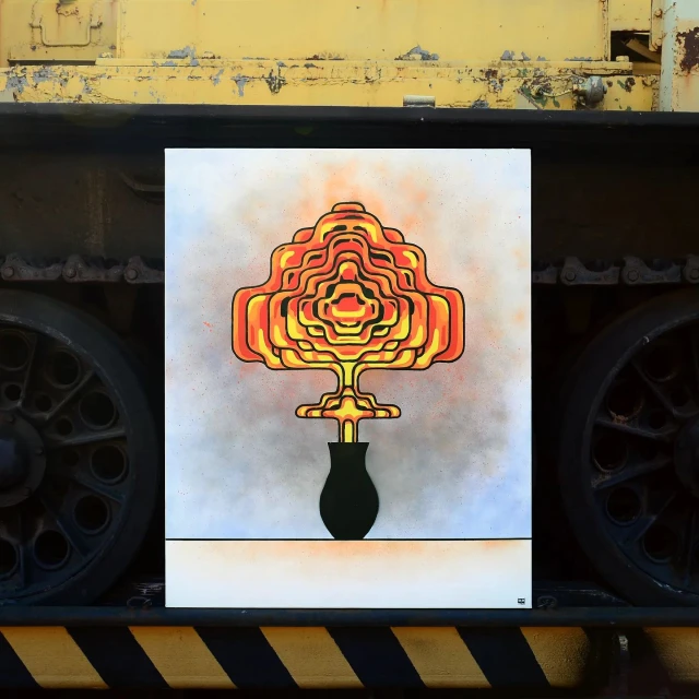 Artwork of a stylized, layered, orange and yellow tree emerging from a black vase set against a muted blue and white background.