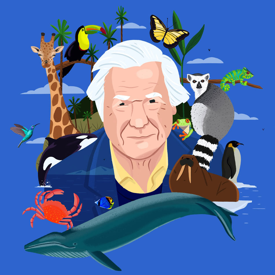 Illustration of Sir David Attenborough surrounded by various animals including a whale, crab, giraffe, toucan, penguin, and lemur on a blue background.