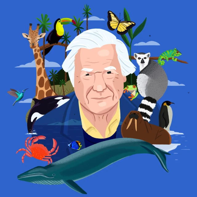 Illustration of Sir David Attenborough surrounded by various animals including a whale, crab, giraffe, toucan, penguin, and lemur on a blue background.