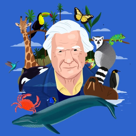 Illustration of Sir David Attenborough surrounded by various animals including a whale, crab, giraffe, toucan, penguin, and lemur on a blue background.