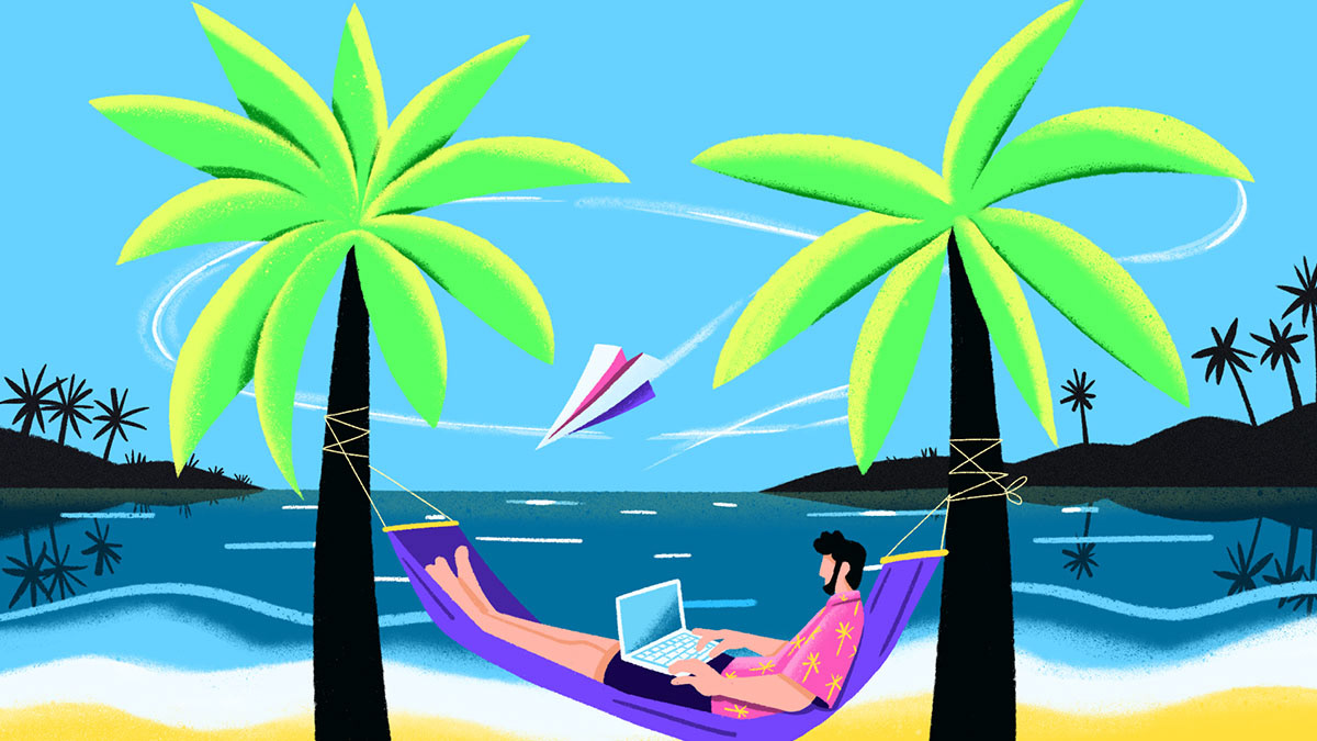 Illustration of a man relaxing in a hammock with a laptop between two palm trees on a tropical beach with a paper airplane flying.