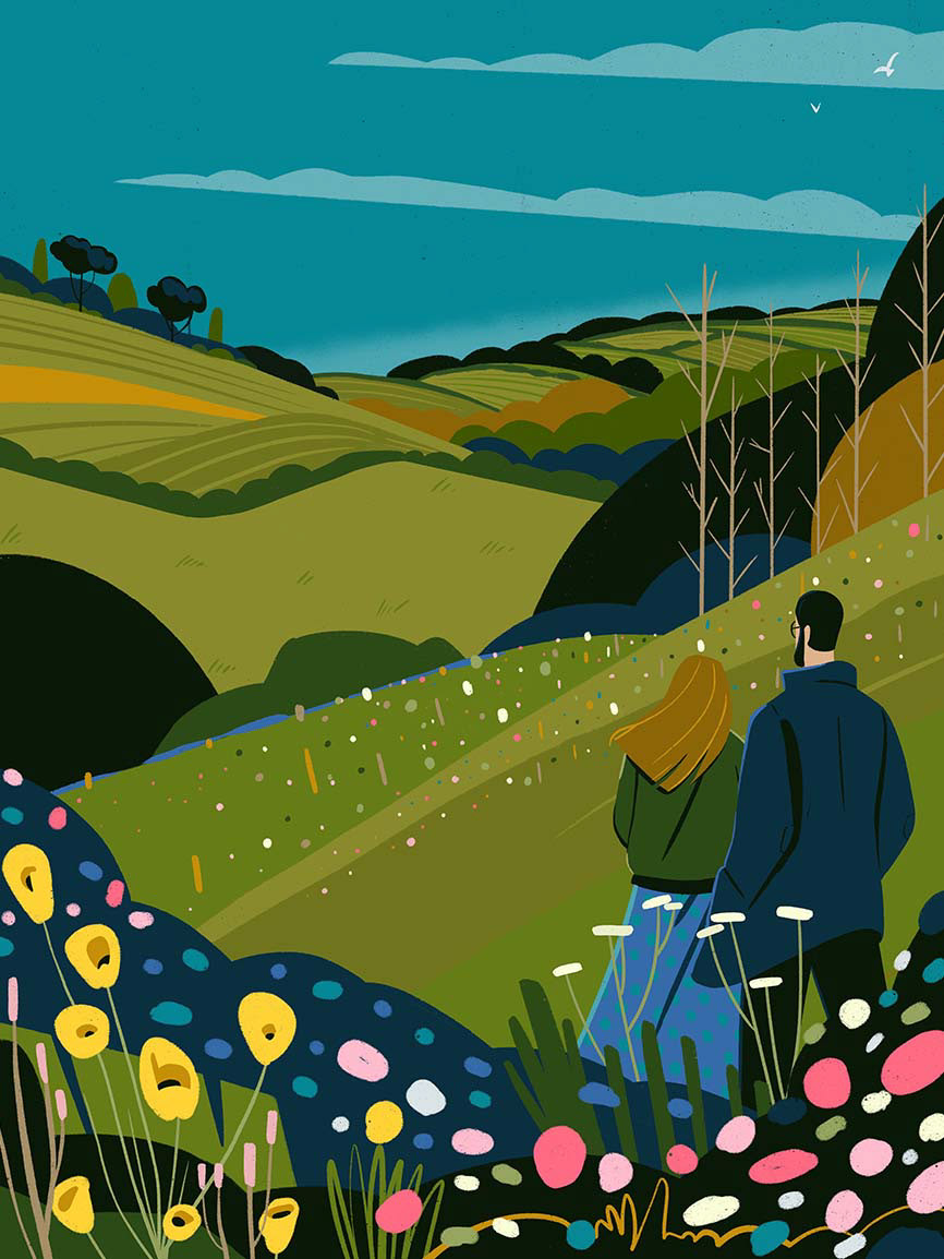 Illustration of a couple walking in a field of flowers with rolling hills and a blue sky overhead in the background, vector style.