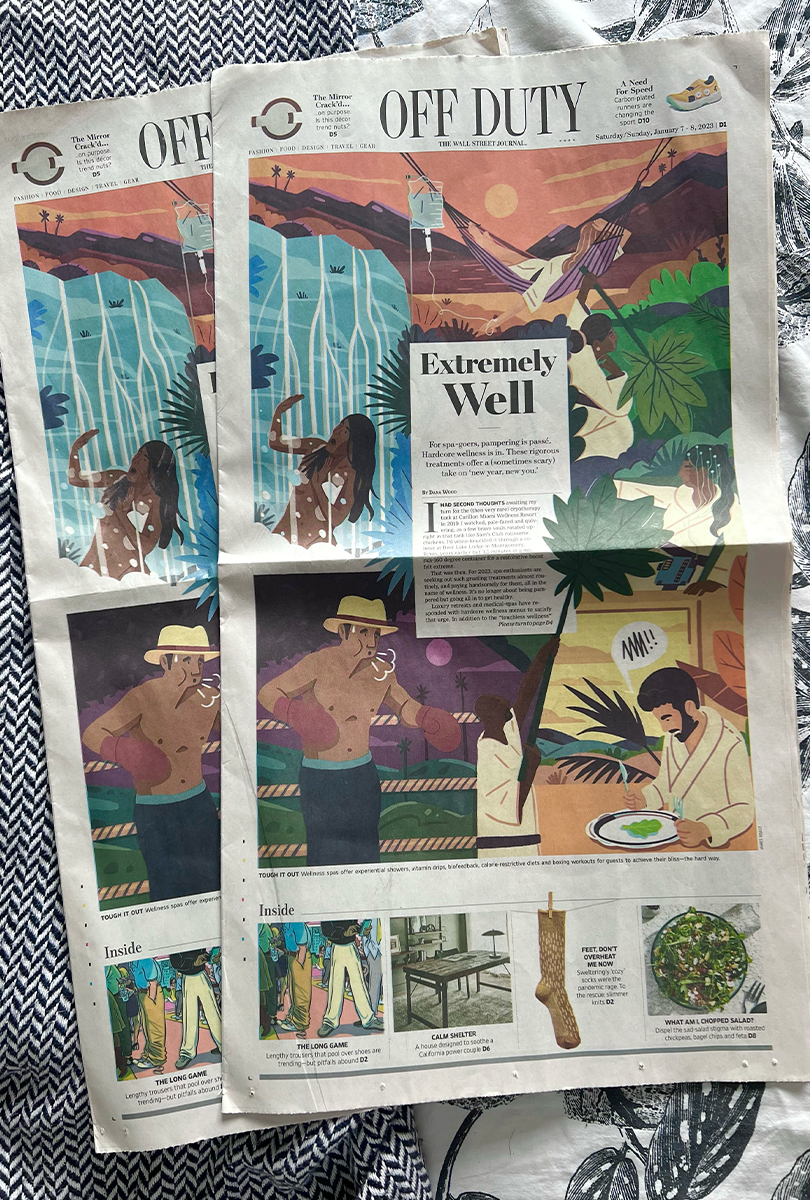 Two newspaper pages featuring illustrated scenes with figures, landscapes, and lifestyle elements on a patterned fabric background.