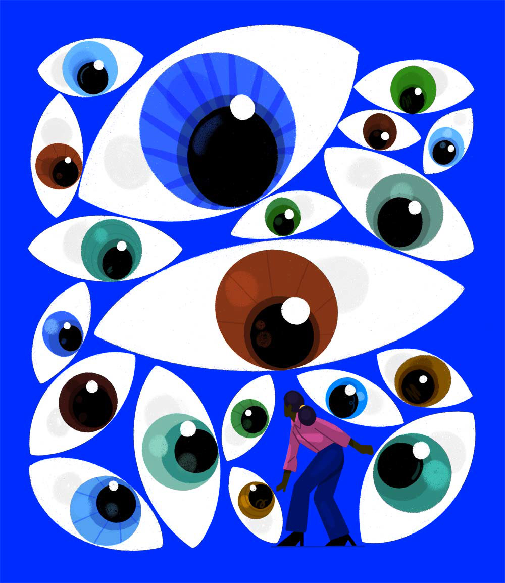 Illustration of a woman walking through a field of stylized eyes in shades of blue, green, and brown, set against a solid blue background.