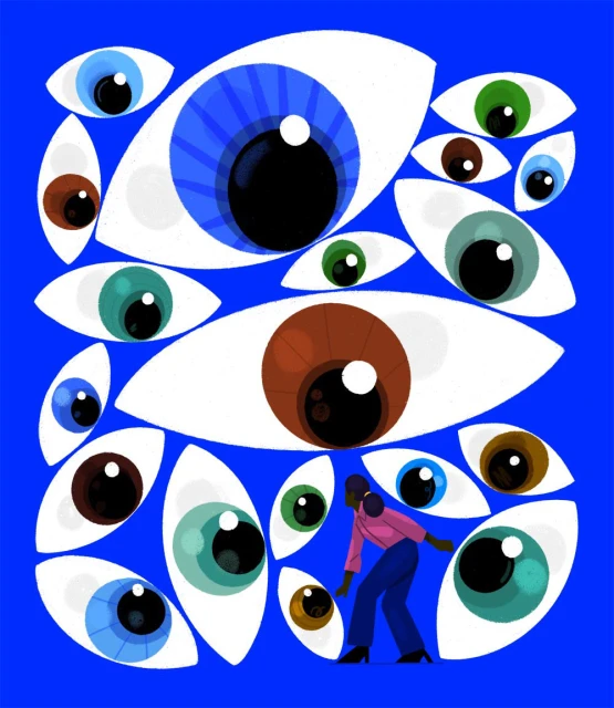 Illustration of a woman walking through a field of stylized eyes in shades of blue, green, and brown, set against a solid blue background.