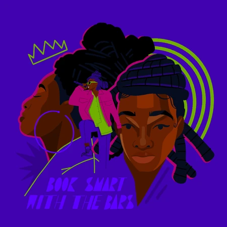 Digital illustration of three Black individuals with styled hair against a solid purple background with green graphic accents.