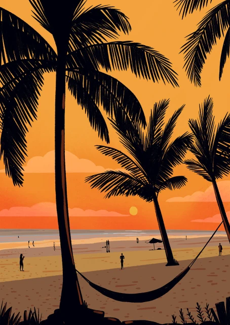 Illustration of a beach scene with palm trees silhouetted against an orange sunset sky, figures on the beach, and a hammock in the foreground.