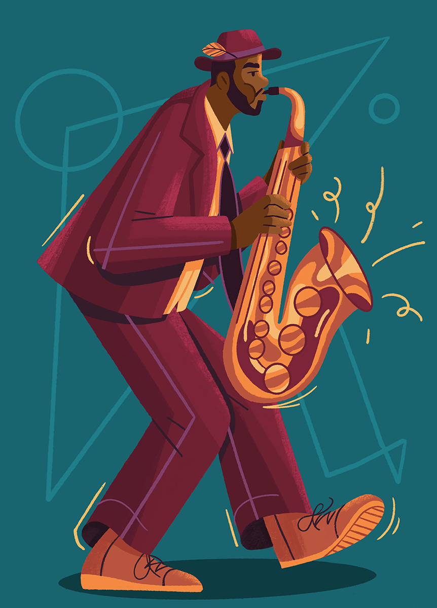Illustration of a Black man playing a saxophone in a plum-colored suit and hat with geometric shapes in the teal background.