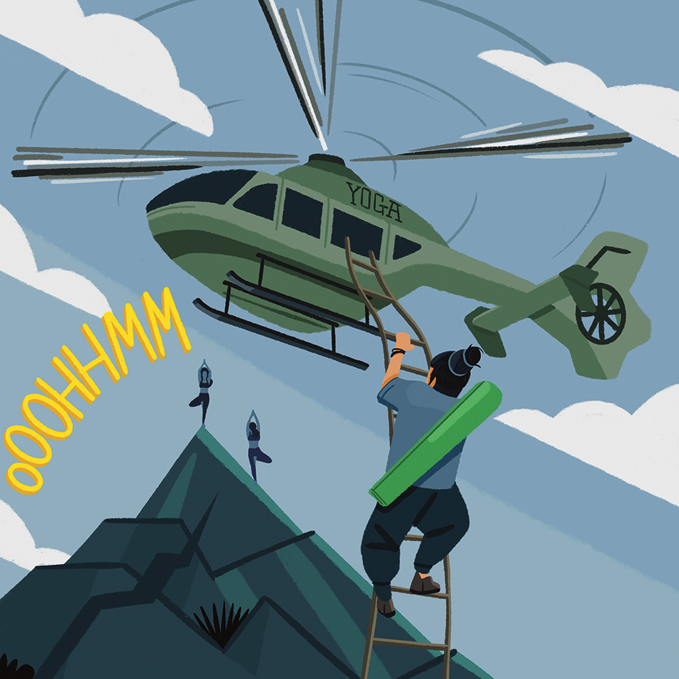 Illustration of a man climbing a ladder to a helicopter labeled 'Yoga,' with yoga practitioners on mountain peaks and puffy clouds.