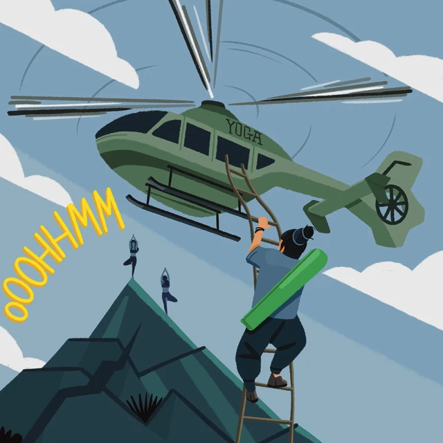 Illustration of a man climbing a ladder to a helicopter labeled 'Yoga,' with yoga practitioners on mountain peaks and puffy clouds.