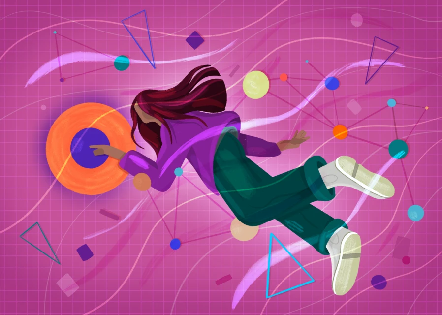 Illustration of an adult female figure interacting with a digital interface, set against a pink, grid-patterned background with geometric shapes.